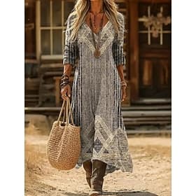 Women's Maxi Dress Sundress Summer Dress Vacation Casual Boho Daily Beach Going out Loose Fit Floral Graphic Color Block Long Sleeve V Neck Dark Brown Light Br