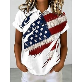 American Independence Day Women's Waffle Polo Shirts Graphic Flag Vintage Stylish Classic Short Sleeve Polo Collar Regular Tops Casual Daily White Red Summer S