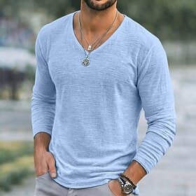 Men's Tee Top Linen T-Shirt Long Sleeve V Neck Spring Summer Summer Solid Color Plain Textured Daily Casual Street Style Plain Casual Outdoor Street Blue Lake