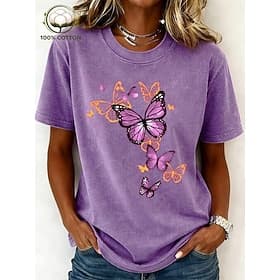 Women's 100% Cotton T Shirt Print Acid Wash Vintage Washed Butterfly Stylish Basic Classic Short Sleeve Crew Neck Regular Tops Casual Daily Blue Black Pink Pur