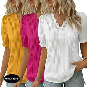 Multi Packs 3pcs Women's Texture Blouse T Shirt Tee Top Lace Patchwork Plain Fashion Stylish Classic Short Sleeve V Neck Regular Tops Casual Daily Beach WhiteF