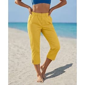 Women's Linen-feel Pants Capri Pants Vacation Basic Calf-Length Mid Waist Solid Color Plain Comfortable Inelastic Vacation Street Causal Black White Yellow Dar
