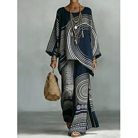 Women's Pants Sets Long Sleeve Round Neck Graphic Geometric Print Fashion Streetwear Casual Daily Outdoor Dark Navy Summer Loose Fit