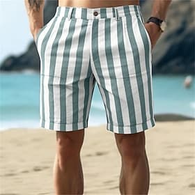 Men's Shorts Linen Shorts Summer Shorts Beach Shorts Pocket Elastic Waist Striped Comfort Breathable Knee Length Outdoor Beach Holiday Vacation Holiday Blue Pi