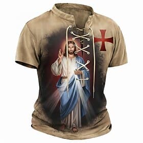 Männer Kreuzritter Jesus Christus Göttliche Templerritter Kreuz Religiöser Christlicher Glaube Katholisch Vintage Schnürung T-Shirt All Over Print Slim Fit Läs