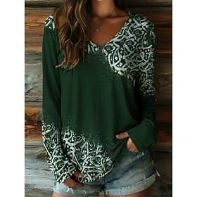 Women's T Shirt Print Graphic Vintage Casual Boho Long Sleeve V Neck Regular Tops Daily Navy Blue Orange Green Spring Fall