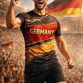 Herren-Fußballtrikot im Deutschland-Stil – Funktionsshirt mit schwarzem, rotem und goldenem Tech-Grafikdesign, atmungsaktivem, schnelltrocknendem Mesh-Gewebe u