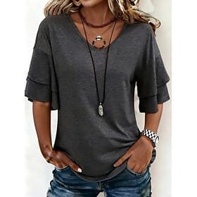 Women's T Shirt Tee Top Ruffle Plain Fashion Stylish Classic Short Sleeve V Neck Regular Tops Daily Going out Weekend Black White Pink Navy Blue Camel Summer S