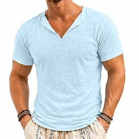 Homme T-shirt T-shirt en lin Manche Courte Manches courtes Col en V Été Uni Mode Designer Basique Flexible Pur Occasionnel Vacances Rue Bleu Blanche Rose Clair