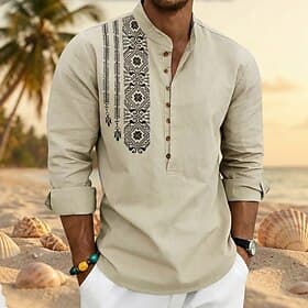 Homme Chemise Chemise en lin Chemise popover Chemise d'été Chemise de Plage Géométrique Occasionnel Vacances Noir Blanche Rose Claire bleu marine manche longue