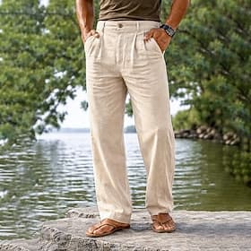 Homme Pantalon en coton et lin Pantalon d'été Pantalons Amples Pantalons de Plage Avec Poches Plis Couleur Unie Confort Respirant Longueur complète Quotidien E