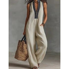 Women's Normal Jumpsuit Active Solid Color Sleeveless Wide Leg V Neck Patchwork Pocket Daily Vacation Loose Fit Blue Black Apricot Summer