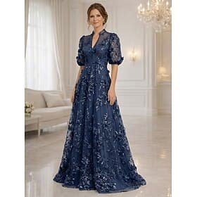 A-Line Dress Floor Length Maxi Dress Party Dress Cocktail Dress Mother of the Bride Dress Half Sleeve V Neck Elegant Vintage Luxurious Formal Wedding Guest Sem
