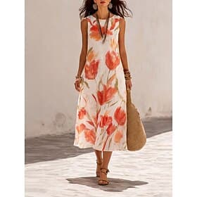 Women's Midi Dress Shift Dress Sundress A Line Dress Vacation Casual Boho Beach Party Regular Fit Floral Graphic Sleeveless Crew Neck Purple Orange Green Summe