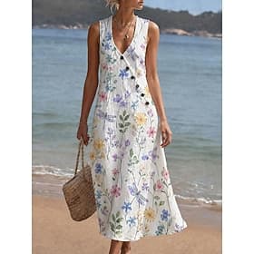 Women's Midi Dress Sundress Casual Dress A Line Dress Elegant Vacation Stylish Beach Holiday Regular Fit Floral Graphic Sleeveless V Neck Blue Pink Purple Summ