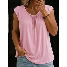 Women's Boho T-shirt Plain Stylish Classic Sleeveless Sleeveless Crew Neck Regular Tops Casual Light Green Pink Orange Summer Spring