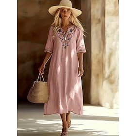 Women's Midi Dress Linen-feel Dresses Casual Dress Elegant Fashion Modern Outdoor Vacation Going out Regular Fit Floral Half Sleeve V Neck Pink Summer Spring
