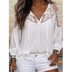Women's Shirt Blouse Lace Tops Ruched Lace Plain Stylish Modern 3/4 Length Sleeve V Neck Regular Tops Casual Daily Holiday Black White Summer Spring