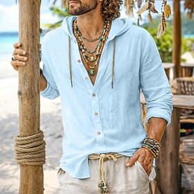 Homme Chemise Chemise en lin Tenue de plage Chemise Boutonnée Chemise à capuche Uni Occasionnel Quotidien Noir Blanche Kaki Vert Véronèse manche longue À capuc