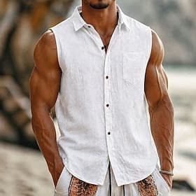 Men's Shirt Linen Shirt Summer Shirt Beach Wear Button Up Shirt Sleeveless Shirt Solid Color Casual Vacation Blue Black White Green Sleeveless Turndown Summer