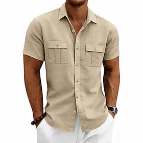 Homme Chemise Chemise en lin Chemise d'été Chemise de Plage Uni Extérieur Vacances Noir Blanche bleu marine Kaki Manche Courte Col Rabattu Été Printemps Vêteme