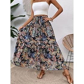 Women's Vacation Skirt Bohemia Vintage Casual Maxi High Waist Skirts Paisley Print Stretchy Daily Street Black Wine Red Orange Summer