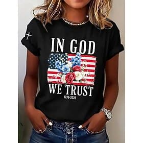 American Independence Day Women's T Shirt Print Floral Graphic Flag Stylish Classic Casual Short Sleeve Crew Neck Round Neck Regular Tops Casual Daily Black Re