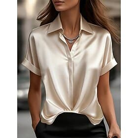 Damen Satinhemd Bluse Einfarbig Elegant Stilvoll Basic Kurzarm Hemdkragen Normale Oberteile Lässig Täglich Büro Blau Schwarz Rote Aprikose Sommer Frühling