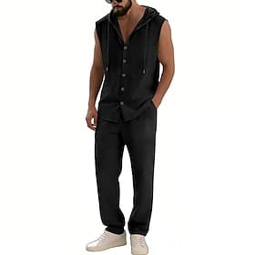 Herren Leinenhemd Zweiteilig Hemd Set Und Leinenhosen Hose Freizeithose Set Einfach Täglich Outdoor Urlaub Mit Kapuze Ärmellos Sommer Frühling Mode Lässig Bequ