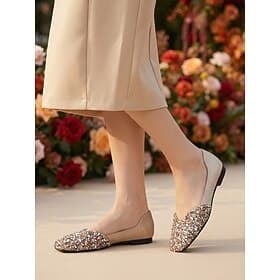 Women's Champagne Rhinestone Flats, Toe Slip-On Elegant Dress Shoes for Mother of the Bride, Garden Wedding Formal Events
