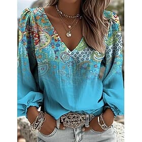 Women's Shirt Boho Shirt Paisley Elegant Bohemia Vacation Long Sleeve V Neck Crop Tops Daily Holiday Going out Blue Pink Sky Blue Green Summer Spring