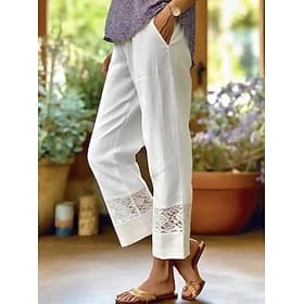 Women's Cotton Lace Pants Summer Pants Pants Trousers Vacation Fashion Basic Ankle-Length Medium Waist Plain Pocket Elastic Waist Straight Leg Comfort Lightwei