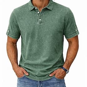 SoftFade™ Men's Polo Shirts 100% Cotton Acid Wash Shirt Casual Holiday Lapel Short Sleeve Fashion Basic Plain Textured Buttons Vintage Summer Spring Blue Green