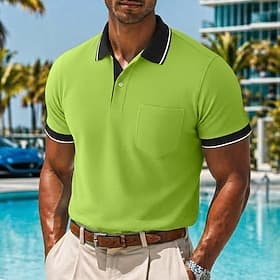 Homme Chemise de golf Polo Piqué Occasionnel Travail Revers Col Polo Côtelé Manche Courte Basique Moderne Bloc de Couleur Patchwork Avec Poches Printemps Été