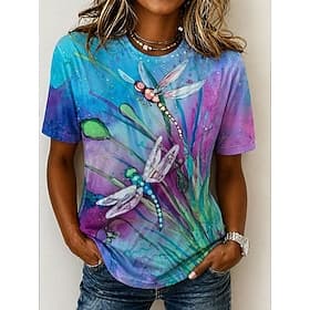 Women's T Shirt Print Floral Graphic Dragonfly Vintage Fashion Stylish Short Sleeve Crew Neck Regular Tops Casual Daily Weekend Blue Yellow Purple Summer Sprin