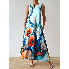 Femmes Robe maxi Robe d'Été Robe trapèze Vacances Occasionnel Boho Fête Coupe Ample Fleuri Graphique Sans manches Col en V Bleu Jaune Orange Été Printemps