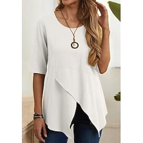 Women's Cotton Linen T Shirt Tee Top Asymmetrical Hem Solid Color Elegant Fashion Casual Half Sleeve Crew Neck Long Tops Casual Daily Going out Blue White Gray