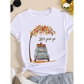 Women's 100% Cotton T Shirt Print Floral Graphic Letter Vintage Stylish Classic Short Sleeve Crew Neck Long Tops Casual Daily Weekend White Summer Spring