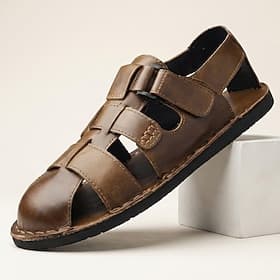 Men's Brown Closed-Toe Fisherman Sandals Leather Cutout Casual Shoes Lightweight Comfort Summer Footwear for Men, Ideal for Travel, Daily Wear, Outdoor Walking