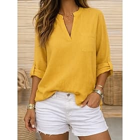 Women's Cotton Linen Shirts Summer Tops Blouse Dressy Tops Ruched Patchwork Pocket Solid Color Plain Elegant Vintage Ladies 3/4 Length Sleeve V Neck Shirt Coll