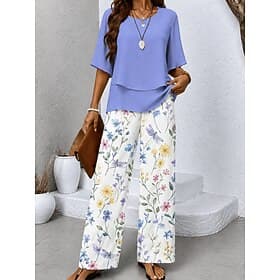 Women's Pants Sets Half Sleeve Butterfly Sleeve Round Neck Floral Graphic Elegant Vacation Casual Daily Beach Blue Pink Purple Spring Summer Loose Fit