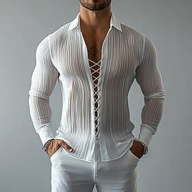 Men's Shirt Casual Shirt Button Up Shirt Jacquard Shirt White Long Sleeve Plain Shirt Collar Casual Daily Lace up Clothing Apparel Elegant Fashion Modern Casua