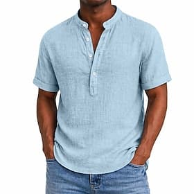 Herren Hemd Leinenhemd Popover-Hemd Sommerhemd Strandbekleidung Stehkragenhemd Einfach Lässig Täglich Blau Schwarz Weiß Gelb Kurzarm Henley Sommer Bekleidung R