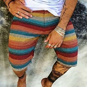 Men's Boho Colorful Striped Sweat Shorts Beach Shorts Terry Shorts Mid Waist Retro Vintage Daily Streetwear Holiday Drawstring Elastic Waist 3D Print Designer