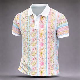 Men's Paisley Polo Shirts Short Sleeve Polo Shirts Collared Shirts Casual Athleisure Outdoor clothing Daily Wear 3D Print Buttons Spring Summer Blue Purple Gr