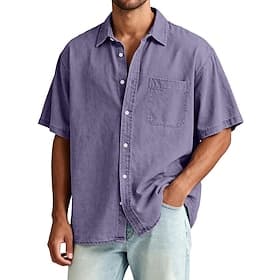 SoftFade™ Herre Skjorte Fritidsskjorte 100% Bomull Syrevaske Skjorte Lilla Kortermet Enkelt Skjorte Krage Fritid Daglig Knapp Klær Klær Bomull Polyester Motekl