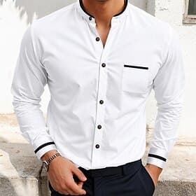 Men's Shirt Dress Shirt Oxford Shirt Band Collar Shirt Button Up Shirt Daily Vacation White Navy Blue Gray Light Blue Long Sleeve Standing Collar Spring Summe