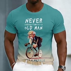 Never Underestimate An Old Man With A Bicycle Men's Funny Cycling Biker 3D Cartoon Caricature Graphic T Shirt Short Sleeve Crew Neck Teal Gradient Casual Tee G