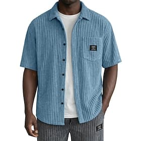 Men's Shirt Casual Shirt Corduroy Shirt Button Up Shirt Black White Light Blue Short Sleeve Plain Shirt Collar Casual Daily Front Pocket Clothing Apparel Elega