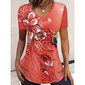 Women's T Shirt Print Ombre Floral Graphic Stylish Classic Casual Short Sleeve V Neck Regular Tops Daily Blue Red Orange Gray Summer Spring